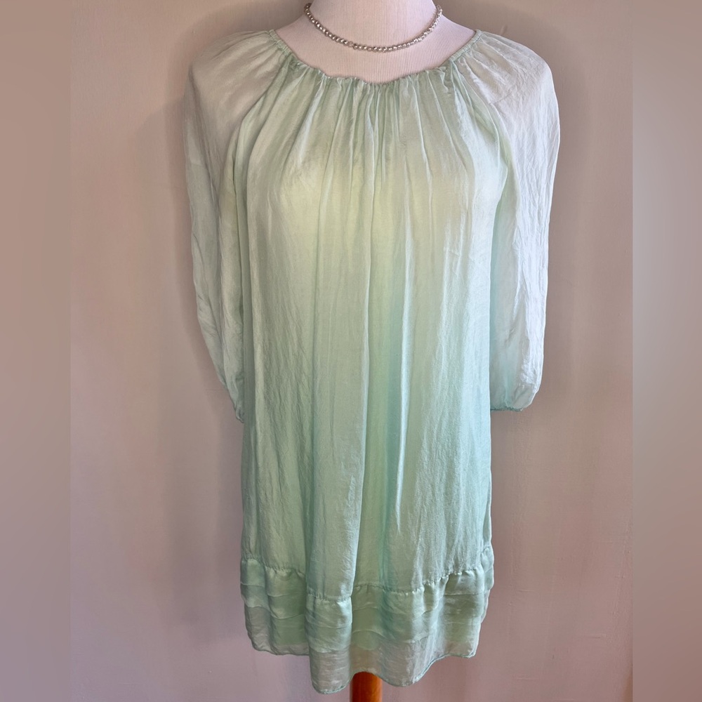 100% Silk Mint Green Flowy Long Sleeve Dress
